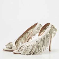 Pre Owned Aquazzura White Leather Wild Fringe Sandals Size 39