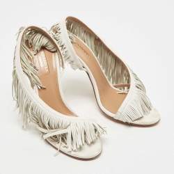 Pre Owned Aquazzura White Leather Wild Fringe Sandals Size 39