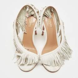 Pre Owned Aquazzura White Leather Wild Fringe Sandals Size 39