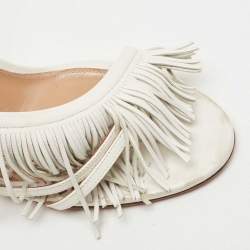 Pre Owned Aquazzura White Leather Wild Fringe Sandals Size 39