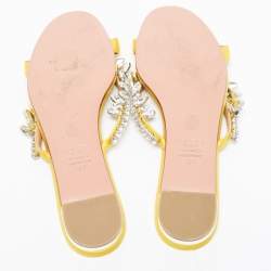 Pre Owned Aquazzura Yellow Satin Crystal Embellished Slide Flats Size 39.5