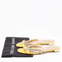 Pre Owned Aquazzura Yellow Satin Crystal Embellished Slide Flats Size 39.5