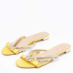 Pre Owned Aquazzura Yellow Satin Crystal Embellished Slide Flats Size 39.5
