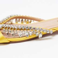 Pre Owned Aquazzura Yellow Satin Crystal Embellished Slide Flats Size 39.5