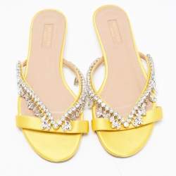 Pre Owned Aquazzura Yellow Satin Crystal Embellished Slide Flats Size 39.5
