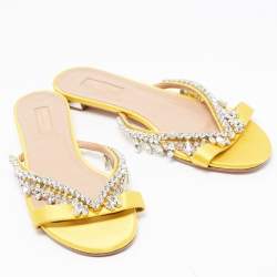 Pre Owned Aquazzura Yellow Satin Crystal Embellished Slide Flats Size 39.5