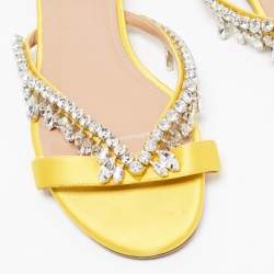 Pre Owned Aquazzura Yellow Satin Crystal Embellished Slide Flats Size 39.5