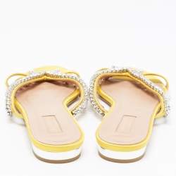 Pre Owned Aquazzura Yellow Satin Crystal Embellished Slide Flats Size 39.5
