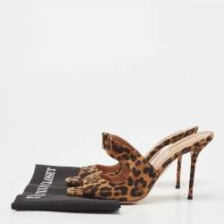 Pre Owned Aquazzura Brown/Black Leopard Print Suede Slide Sandals Size 39