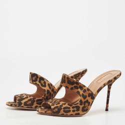 Pre Owned Aquazzura Brown/Black Leopard Print Suede Slide Sandals Size 39