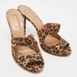 Pre Owned Aquazzura Brown/Black Leopard Print Suede Slide Sandals Size 39