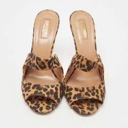 Pre Owned Aquazzura Brown/Black Leopard Print Suede Slide Sandals Size 39