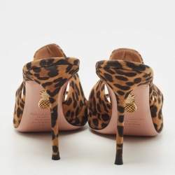 Pre Owned Aquazzura Brown/Black Leopard Print Suede Slide Sandals Size 39