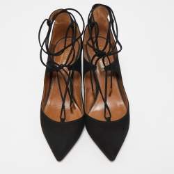 Pre Owned Aquazzura Black Suede Christy Ankle Tie Pumps Size 37