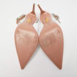 Pre Owned Aquazzura White Fabric Crystal Embellished Slingback Pumps Size 39.5