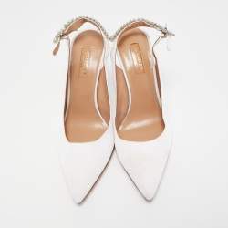 Pre Owned Aquazzura White Fabric Crystal Embellished Slingback Pumps Size 39.5