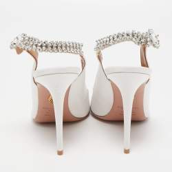 Pre Owned Aquazzura White Fabric Crystal Embellished Slingback Pumps Size 39.5