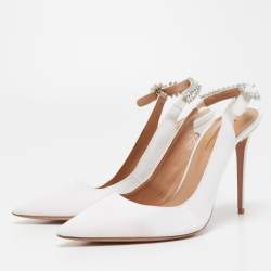 Pre Owned Aquazzura White Fabric Crystal Embellished Slingback Pumps Size 39.5