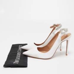 Pre Owned Aquazzura White Fabric Crystal Embellished Slingback Pumps Size 39.5