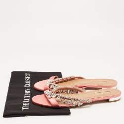 Pre Owned Aquazzura Pink Satin Gem Palace Flat Slides Size 39