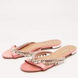 Pre Owned Aquazzura Pink Satin Gem Palace Flat Slides Size 39