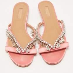 Pre Owned Aquazzura Pink Satin Gem Palace Flat Slides Size 39