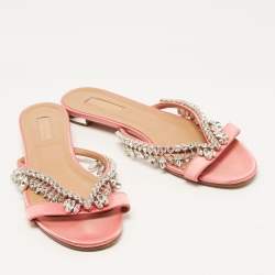 Pre Owned Aquazzura Pink Satin Gem Palace Flat Slides Size 39