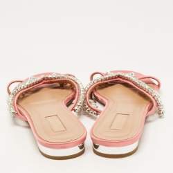 Pre Owned Aquazzura Pink Satin Gem Palace Flat Slides Size 39