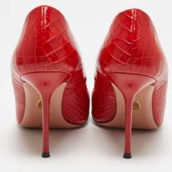 Pre Owned Aquazzura Red Croc Embossed Leather Forever Pumps Size 38