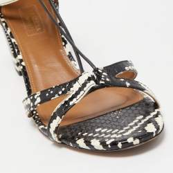 Pre Owned Aquazzura Black/White Printed Watersnake Leather Cut Out Lace Sandals Size 40