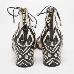 Pre Owned Aquazzura Black/White Printed Watersnake Leather Cut Out Lace Sandals Size 40