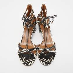 Pre Owned Aquazzura Black/White Printed Watersnake Leather Cut Out Lace Sandals Size 40