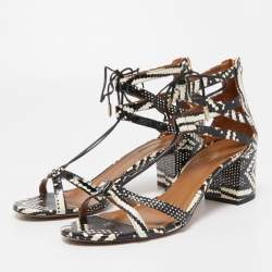 Pre Owned Aquazzura Black/White Printed Watersnake Leather Cut Out Lace Sandals Size 40