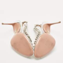 Pre Owned Aquazzura Silver PVC and Patent Leather Temptation Crystals Sandals Size 38.5