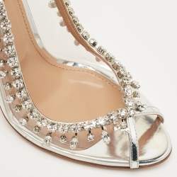 Pre Owned Aquazzura Silver PVC and Patent Leather Temptation Crystals Sandals Size 38.5