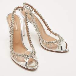 Pre Owned Aquazzura Silver PVC and Patent Leather Temptation Crystals Sandals Size 38.5