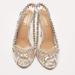 Pre Owned Aquazzura Silver PVC and Patent Leather Temptation Crystals Sandals Size 38.5
