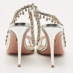 Pre Owned Aquazzura Silver PVC and Patent Leather Temptation Crystals Sandals Size 38.5