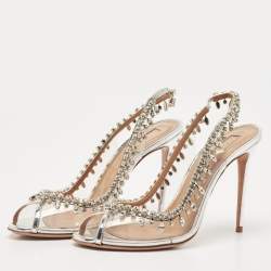 Pre Owned Aquazzura Silver PVC and Patent Leather Temptation Crystals Sandals Size 38.5