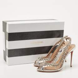 Pre Owned Aquazzura Silver PVC and Patent Leather Temptation Crystals Sandals Size 38.5
