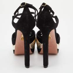 Pre Owned Aquazzura Black/Gold Suede and Watersnake Leather Platform Sandals Size 39.5