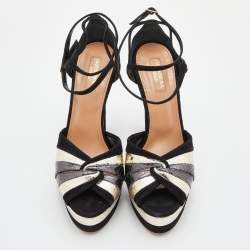 Pre Owned Aquazzura Black/Gold Suede and Watersnake Leather Platform Sandals Size 39.5
