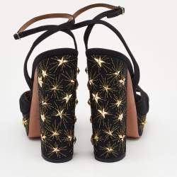 Pre Owned Aquazzura Black Knotted Canvas Mira Star Block Heel Platform Sandals Size 40