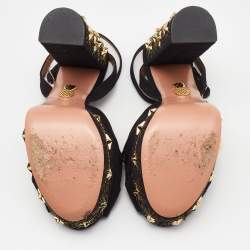 Pre Owned Aquazzura Black Knotted Canvas Mira Star Block Heel Platform Sandals Size 40