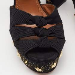 Pre Owned Aquazzura Black Knotted Canvas Mira Star Block Heel Platform Sandals Size 40