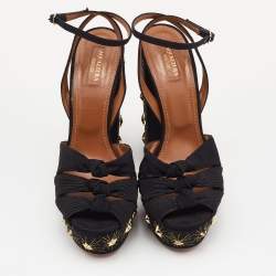 Pre Owned Aquazzura Black Knotted Canvas Mira Star Block Heel Platform Sandals Size 40