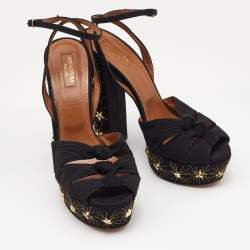 Pre Owned Aquazzura Black Knotted Canvas Mira Star Block Heel Platform Sandals Size 40