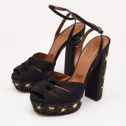 Pre Owned Aquazzura Black Knotted Canvas Mira Star Block Heel Platform Sandals Size 40