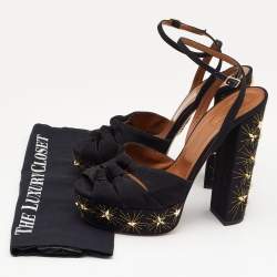 Pre Owned Aquazzura Black Knotted Canvas Mira Star Block Heel Platform Sandals Size 40
