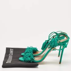 Pre Owned Aquazzura Teal Green Fringed Suede Wild Thing Tasseled Ankle Wrap Sandals Size 38